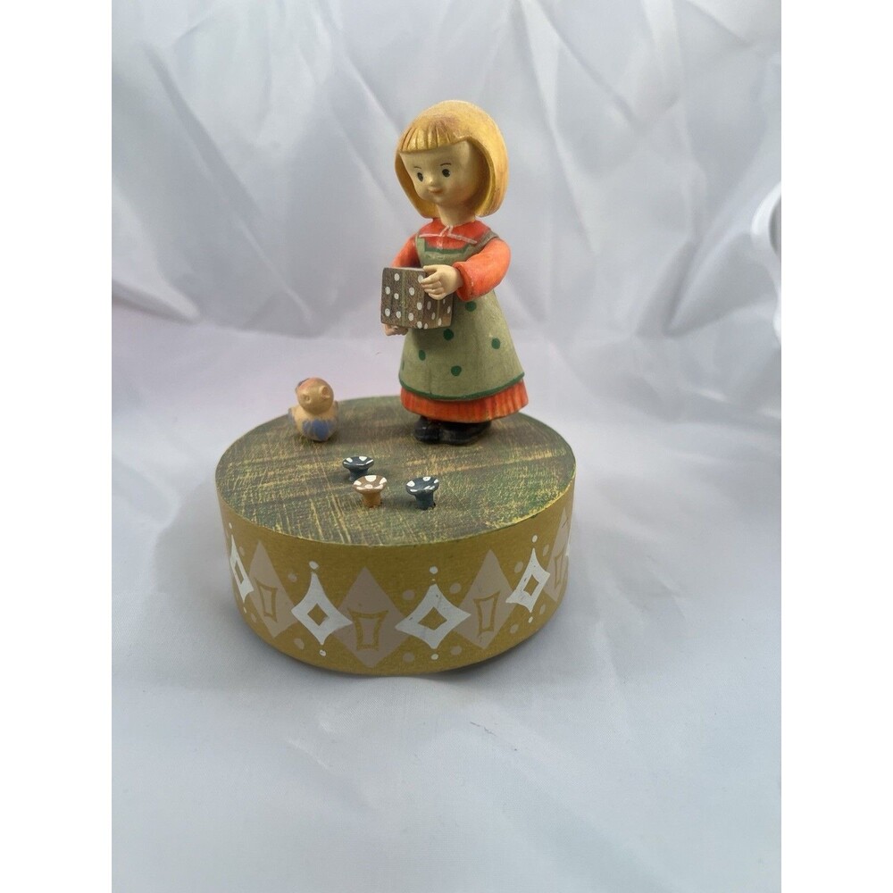 ANRI Hand Carved & Painted Wooden Wind-Up Music Box Girl Figurine w/ Gift